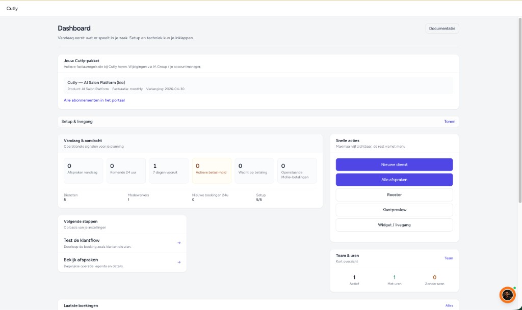 Cutly-dashboard met vandaag-overzicht, statistieken en snelle acties