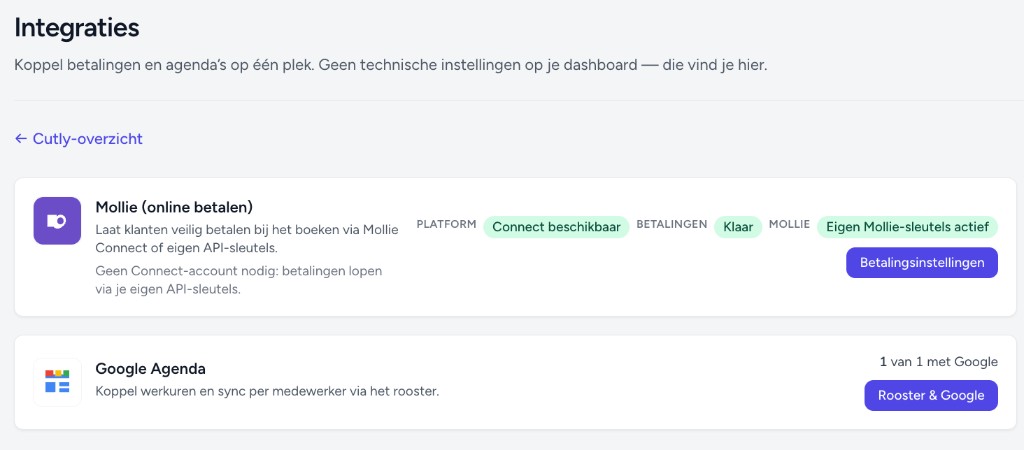 Cutly integraties: Mollie online betalen en Google Agenda