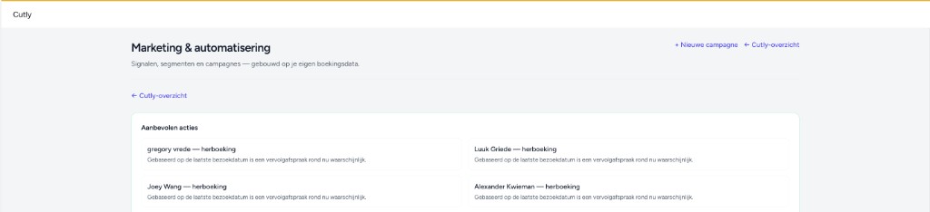 Cutly marketing en automatisering met aanbevolen acties en campagnes
