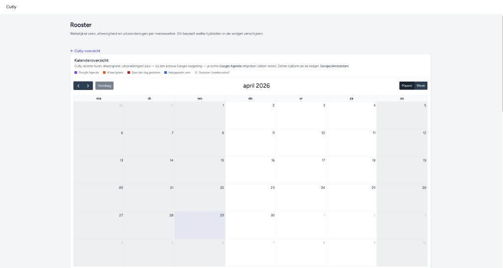 Cutly rooster met kalenderweergave maand/week en legenda voor Google Agenda en afwezigheid